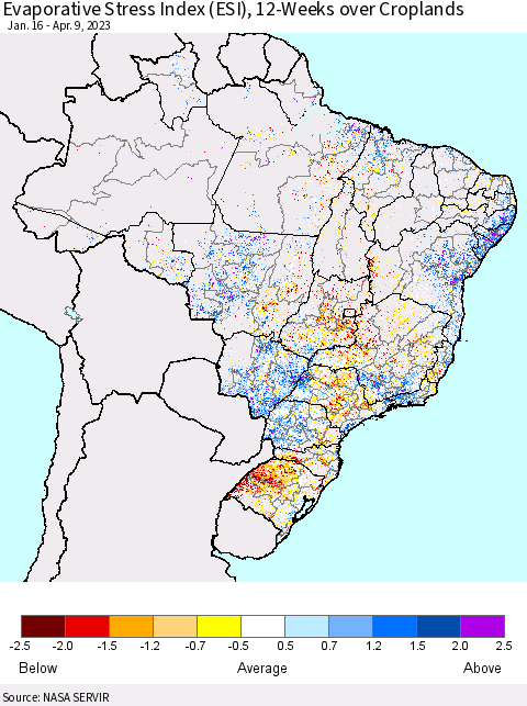 Brazil Evaporative Stress Index (ESI), 12-Weeks over Croplands Thematic Map For 4/3/2023 - 4/9/2023