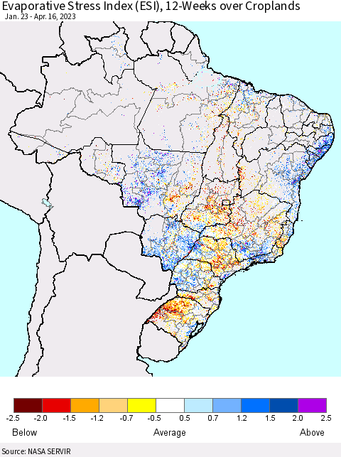 Brazil Evaporative Stress Index (ESI), 12-Weeks over Croplands Thematic Map For 4/10/2023 - 4/16/2023