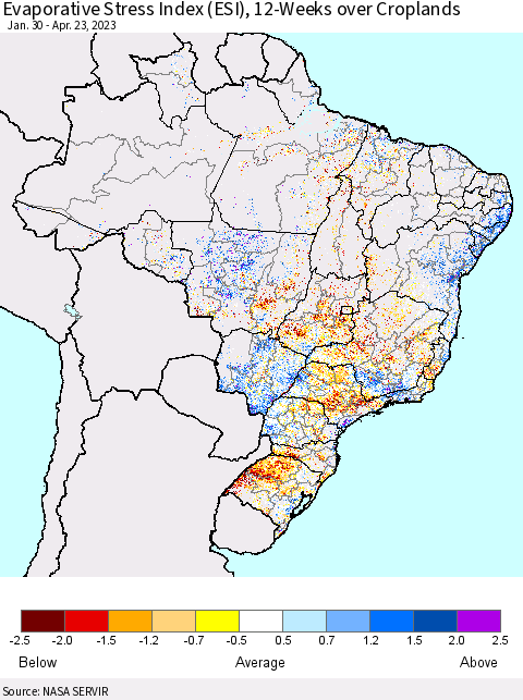 Brazil Evaporative Stress Index (ESI), 12-Weeks over Croplands Thematic Map For 4/17/2023 - 4/23/2023