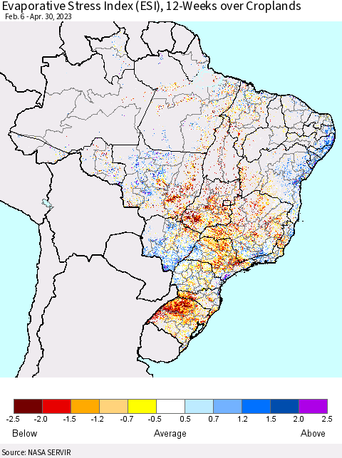 Brazil Evaporative Stress Index (ESI), 12-Weeks over Croplands Thematic Map For 4/24/2023 - 4/30/2023