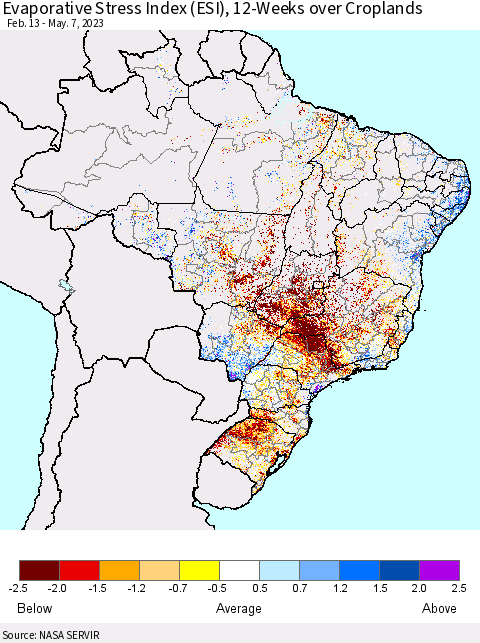 Brazil Evaporative Stress Index (ESI), 12-Weeks over Croplands Thematic Map For 5/1/2023 - 5/7/2023