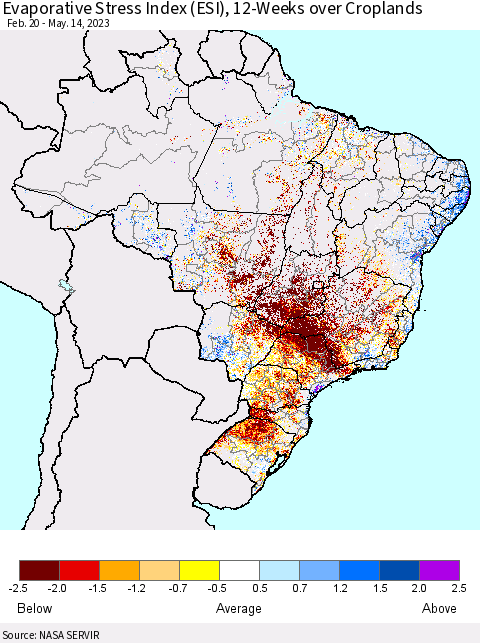 Brazil Evaporative Stress Index (ESI), 12-Weeks over Croplands Thematic Map For 5/8/2023 - 5/14/2023