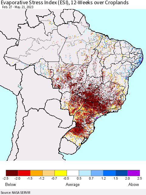 Brazil Evaporative Stress Index (ESI), 12-Weeks over Croplands Thematic Map For 5/15/2023 - 5/21/2023
