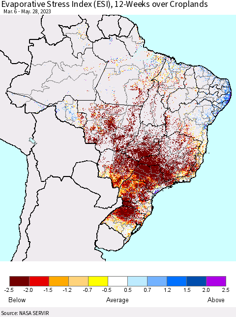 Brazil Evaporative Stress Index (ESI), 12-Weeks over Croplands Thematic Map For 5/22/2023 - 5/28/2023