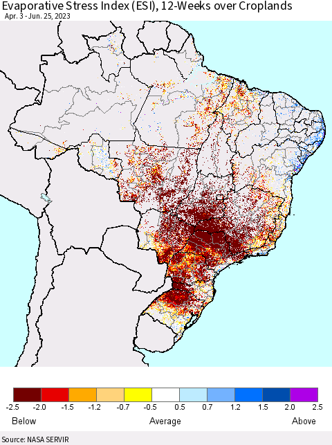 Brazil Evaporative Stress Index (ESI), 12-Weeks over Croplands Thematic Map For 6/19/2023 - 6/25/2023