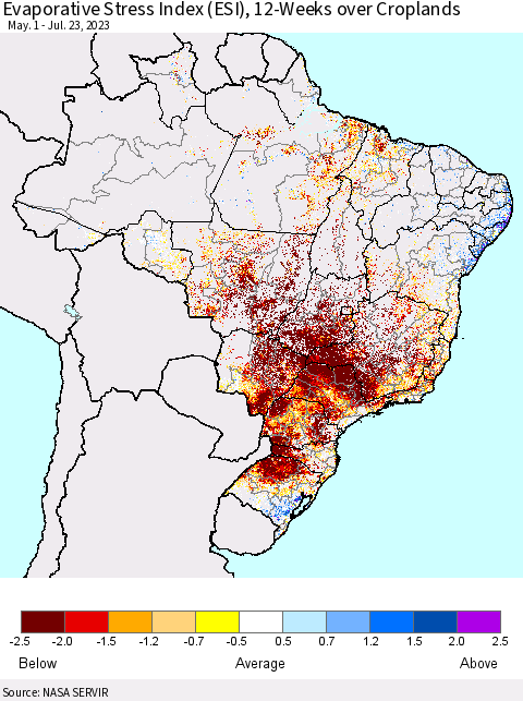 Brazil Evaporative Stress Index (ESI), 12-Weeks over Croplands Thematic Map For 7/17/2023 - 7/23/2023