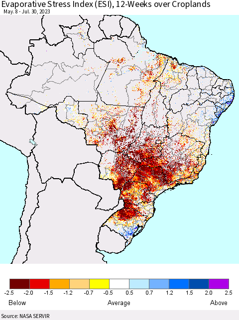 Brazil Evaporative Stress Index (ESI), 12-Weeks over Croplands Thematic Map For 7/24/2023 - 7/30/2023
