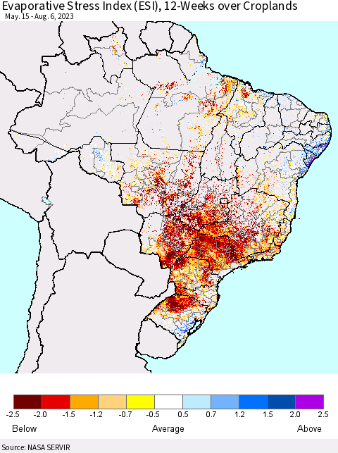 Brazil Evaporative Stress Index (ESI), 12-Weeks over Croplands Thematic Map For 7/31/2023 - 8/6/2023