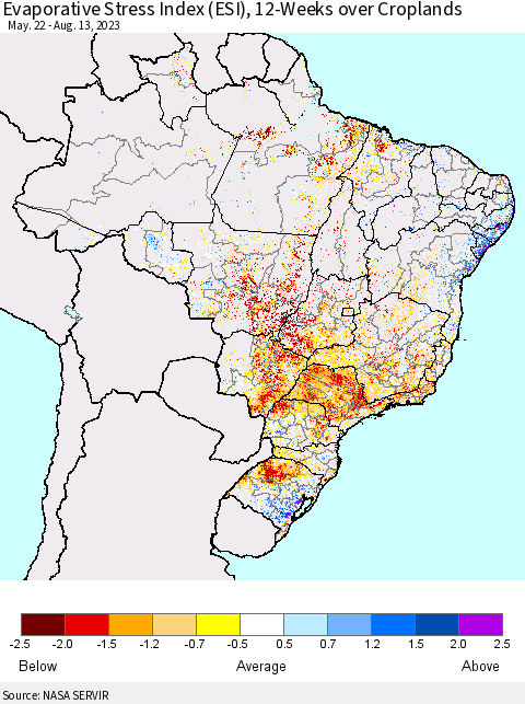 Brazil Evaporative Stress Index (ESI), 12-Weeks over Croplands Thematic Map For 8/7/2023 - 8/13/2023