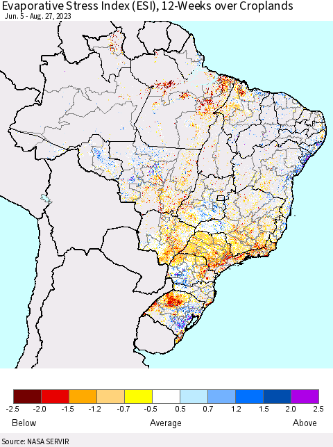 Brazil Evaporative Stress Index (ESI), 12-Weeks over Croplands Thematic Map For 8/21/2023 - 8/27/2023