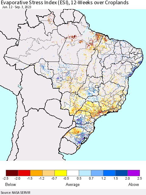 Brazil Evaporative Stress Index (ESI), 12-Weeks over Croplands Thematic Map For 8/28/2023 - 9/3/2023