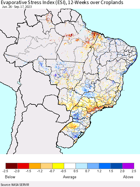 Brazil Evaporative Stress Index (ESI), 12-Weeks over Croplands Thematic Map For 9/11/2023 - 9/17/2023
