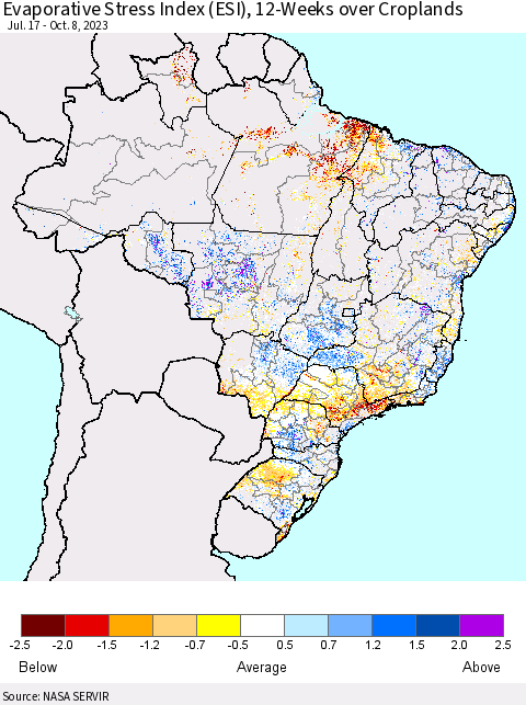 Brazil Evaporative Stress Index (ESI), 12-Weeks over Croplands Thematic Map For 10/2/2023 - 10/8/2023