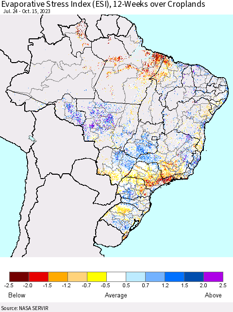 Brazil Evaporative Stress Index (ESI), 12-Weeks over Croplands Thematic Map For 10/9/2023 - 10/15/2023