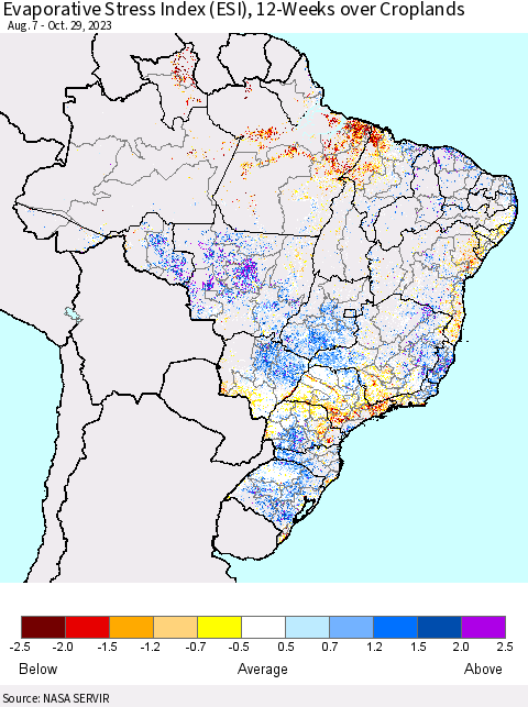 Brazil Evaporative Stress Index (ESI), 12-Weeks over Croplands Thematic Map For 10/23/2023 - 10/29/2023