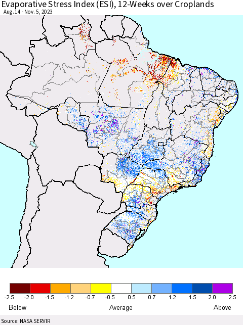 Brazil Evaporative Stress Index (ESI), 12-Weeks over Croplands Thematic Map For 10/30/2023 - 11/5/2023
