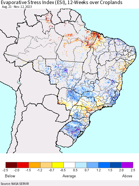 Brazil Evaporative Stress Index (ESI), 12-Weeks over Croplands Thematic Map For 11/6/2023 - 11/12/2023
