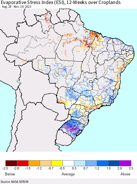 Brazil Evaporative Stress Index (ESI), 12-Weeks over Croplands Thematic Map For 11/13/2023 - 11/19/2023