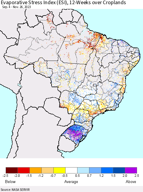 Brazil Evaporative Stress Index (ESI), 12-Weeks over Croplands Thematic Map For 11/20/2023 - 11/26/2023