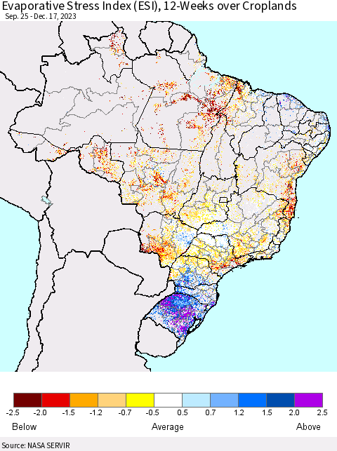 Brazil Evaporative Stress Index (ESI), 12-Weeks over Croplands Thematic Map For 12/11/2023 - 12/17/2023