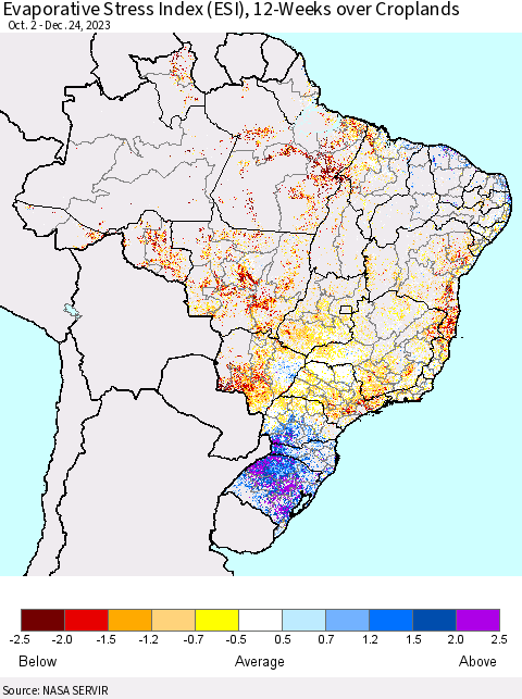 Brazil Evaporative Stress Index (ESI), 12-Weeks over Croplands Thematic Map For 12/18/2023 - 12/24/2023