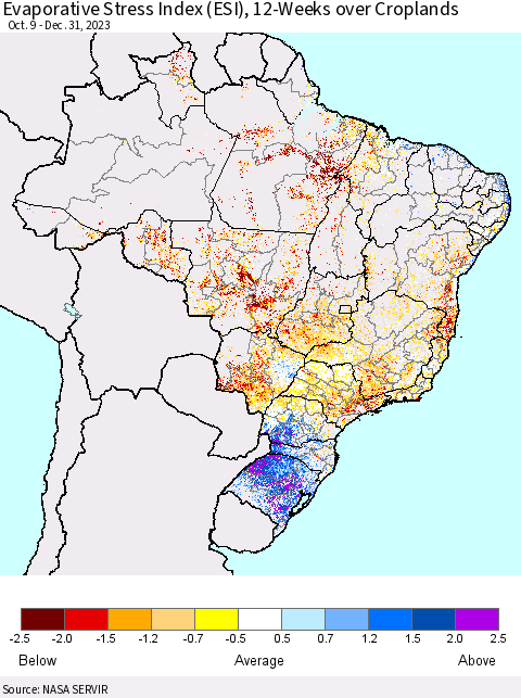Brazil Evaporative Stress Index (ESI), 12-Weeks over Croplands Thematic Map For 12/25/2023 - 12/31/2023