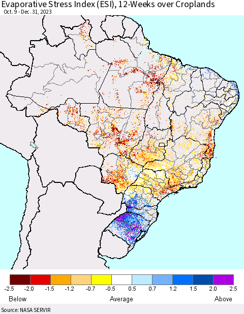 Brazil Evaporative Stress Index (ESI), 12-Weeks over Croplands Thematic Map For 1/1/2024 - 1/7/2024