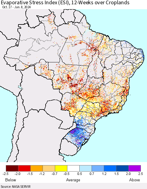 Brazil Evaporative Stress Index (ESI), 12-Weeks over Croplands Thematic Map For 1/8/2024 - 1/14/2024