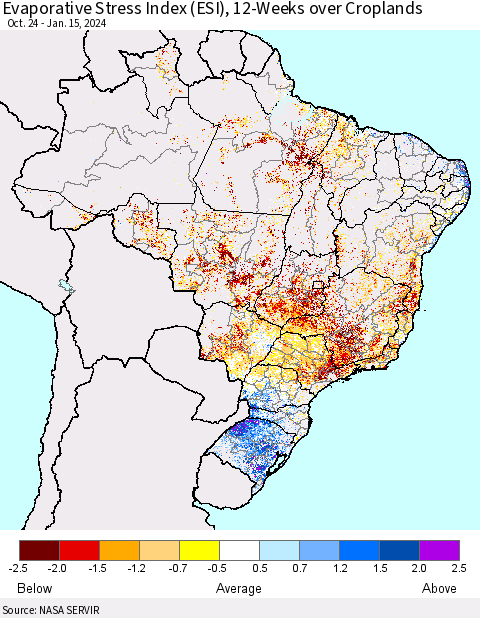 Brazil Evaporative Stress Index (ESI), 12-Weeks over Croplands Thematic Map For 1/15/2024 - 1/21/2024