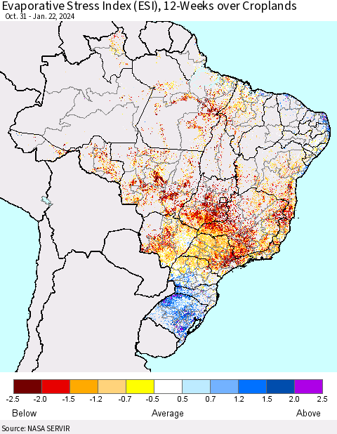 Brazil Evaporative Stress Index (ESI), 12-Weeks over Croplands Thematic Map For 1/22/2024 - 1/28/2024