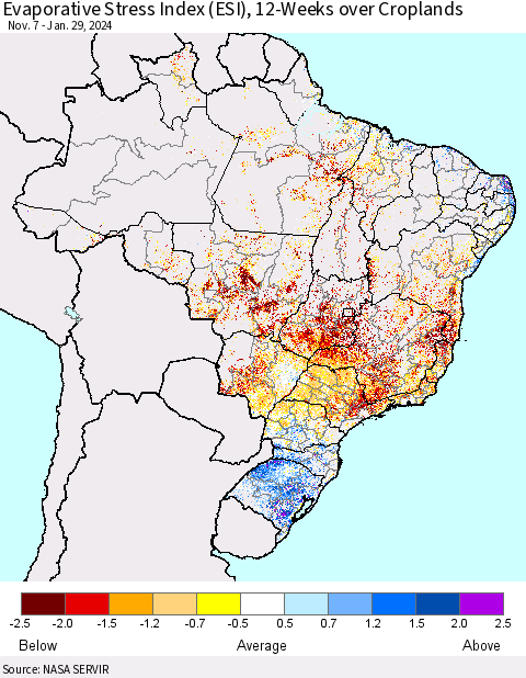 Brazil Evaporative Stress Index (ESI), 12-Weeks over Croplands Thematic Map For 1/29/2024 - 2/4/2024