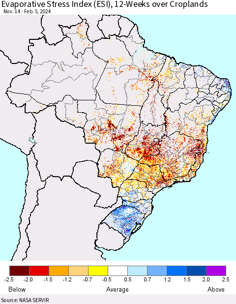 Brazil Evaporative Stress Index (ESI), 12-Weeks over Croplands Thematic Map For 2/5/2024 - 2/11/2024