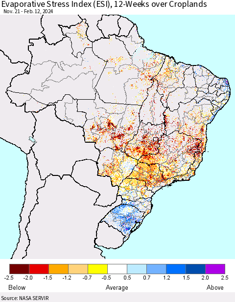 Brazil Evaporative Stress Index (ESI), 12-Weeks over Croplands Thematic Map For 2/12/2024 - 2/18/2024
