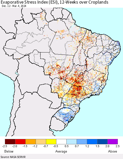 Brazil Evaporative Stress Index (ESI), 12-Weeks over Croplands Thematic Map For 3/4/2024 - 3/10/2024