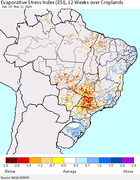 Brazil Evaporative Stress Index (ESI), 12-Weeks over Croplands Thematic Map For 3/11/2024 - 3/17/2024