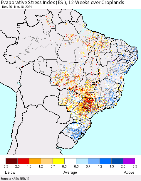 Brazil Evaporative Stress Index (ESI), 12-Weeks over Croplands Thematic Map For 3/18/2024 - 3/24/2024