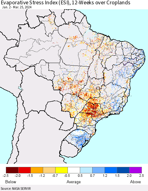Brazil Evaporative Stress Index (ESI), 12-Weeks over Croplands Thematic Map For 3/25/2024 - 3/31/2024