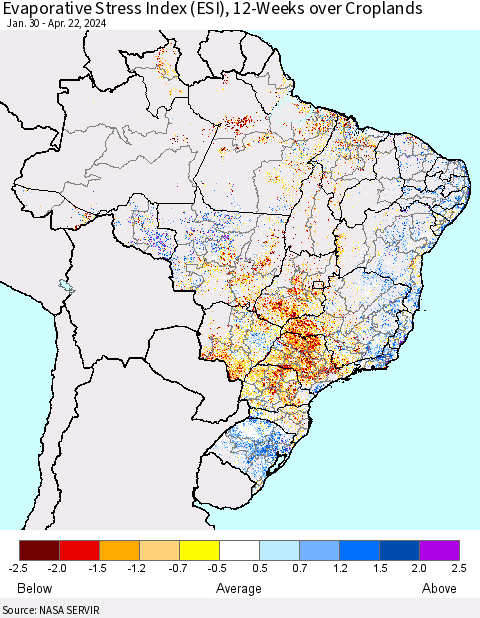 Brazil Evaporative Stress Index (ESI), 12-Weeks over Croplands Thematic Map For 4/22/2024 - 4/28/2024
