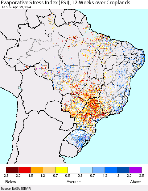 Brazil Evaporative Stress Index (ESI), 12-Weeks over Croplands Thematic Map For 4/29/2024 - 5/5/2024
