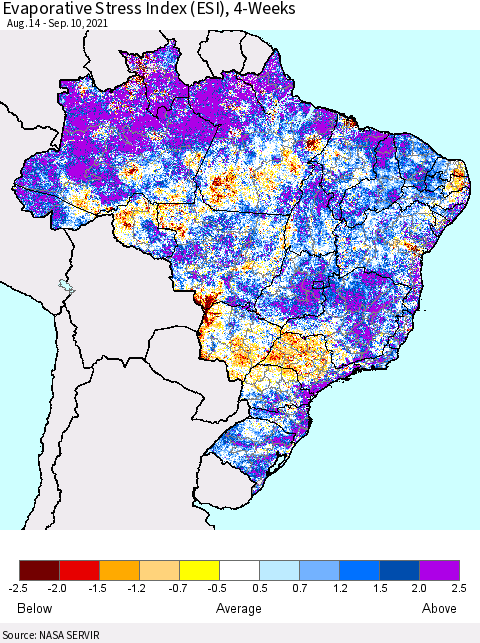 Brazil Evaporative Stress Index (ESI), 4-Weeks Thematic Map For 9/6/2021 - 9/12/2021