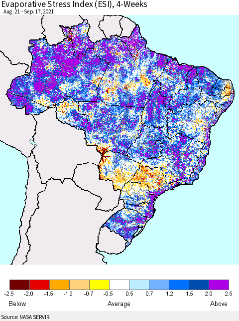 Brazil Evaporative Stress Index (ESI), 4-Weeks Thematic Map For 9/13/2021 - 9/19/2021