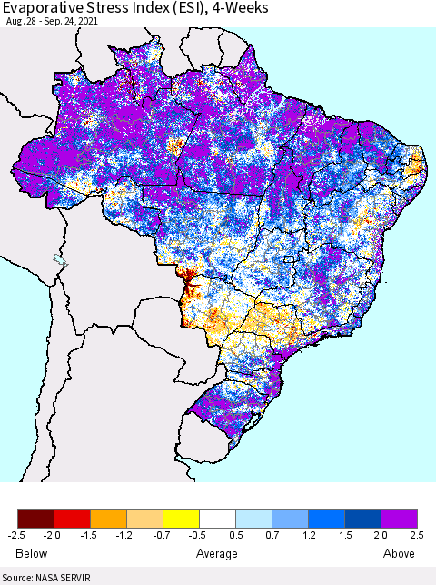 Brazil Evaporative Stress Index (ESI), 4-Weeks Thematic Map For 9/20/2021 - 9/26/2021