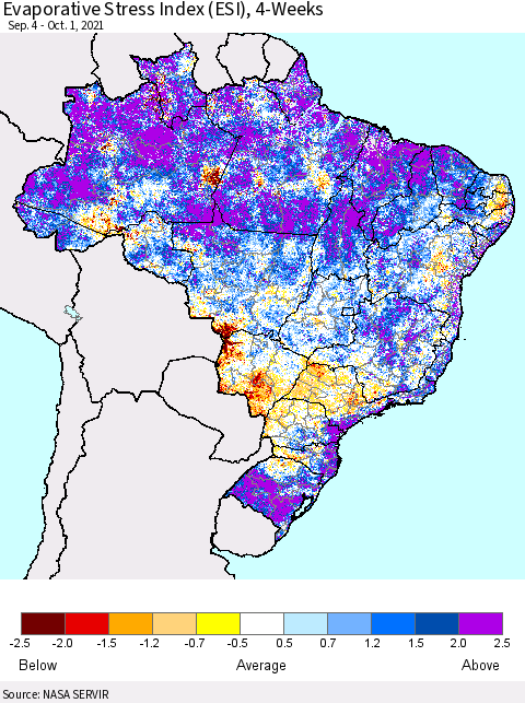 Brazil Evaporative Stress Index (ESI), 4-Weeks Thematic Map For 9/27/2021 - 10/3/2021