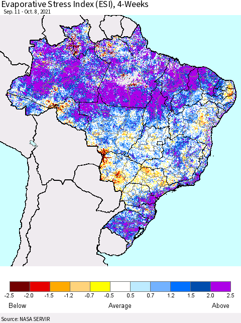 Brazil Evaporative Stress Index (ESI), 4-Weeks Thematic Map For 10/4/2021 - 10/10/2021