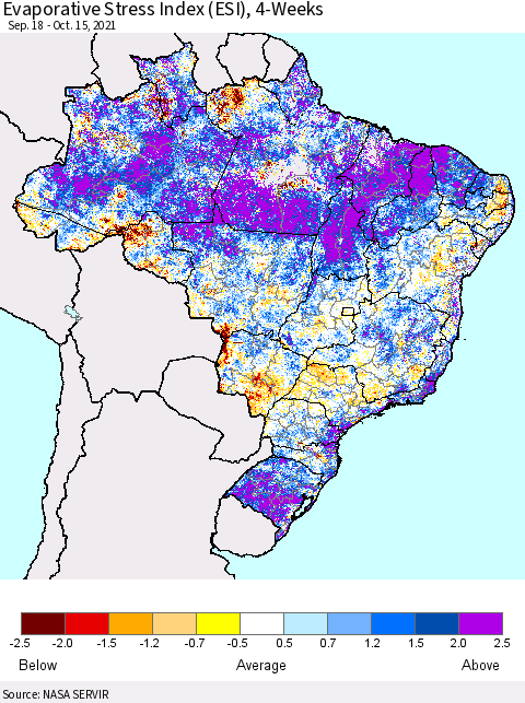 Brazil Evaporative Stress Index (ESI), 4-Weeks Thematic Map For 10/11/2021 - 10/17/2021