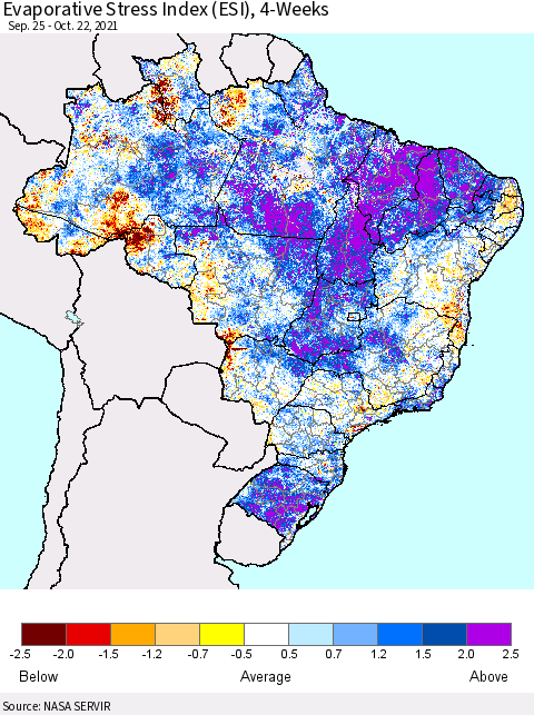Brazil Evaporative Stress Index (ESI), 4-Weeks Thematic Map For 10/18/2021 - 10/24/2021