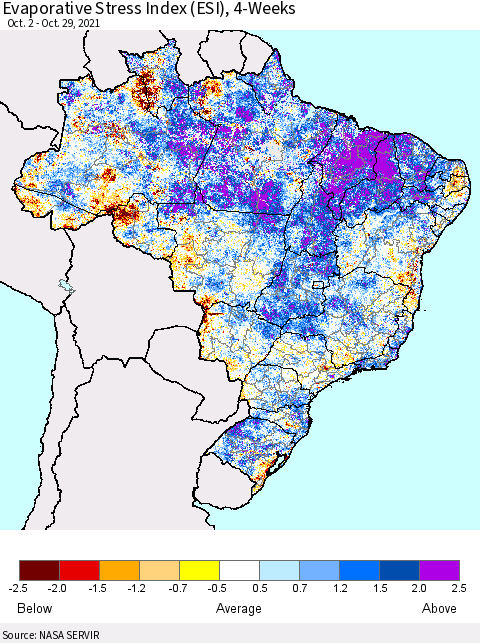 Brazil Evaporative Stress Index (ESI), 4-Weeks Thematic Map For 10/25/2021 - 10/31/2021