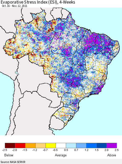 Brazil Evaporative Stress Index (ESI), 4-Weeks Thematic Map For 11/8/2021 - 11/14/2021