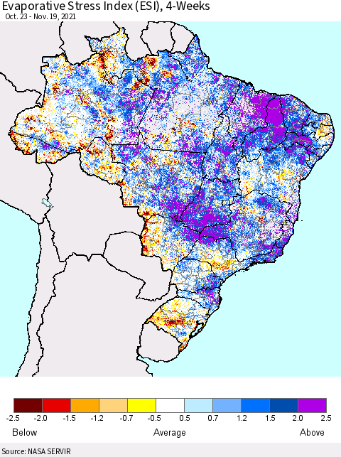 Brazil Evaporative Stress Index (ESI), 4-Weeks Thematic Map For 11/15/2021 - 11/21/2021