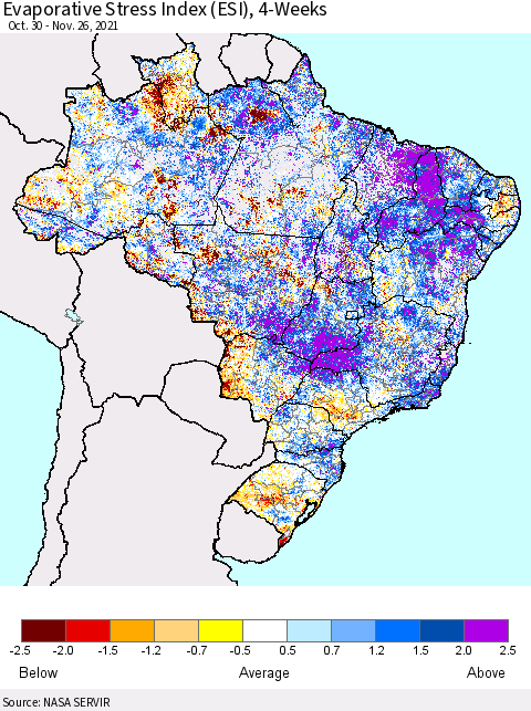 Brazil Evaporative Stress Index (ESI), 4-Weeks Thematic Map For 11/22/2021 - 11/28/2021